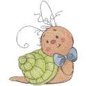 Baby snail artist embroidery design featuring a cute snail with a paintbrush, ideal for baby onesies and blankets.