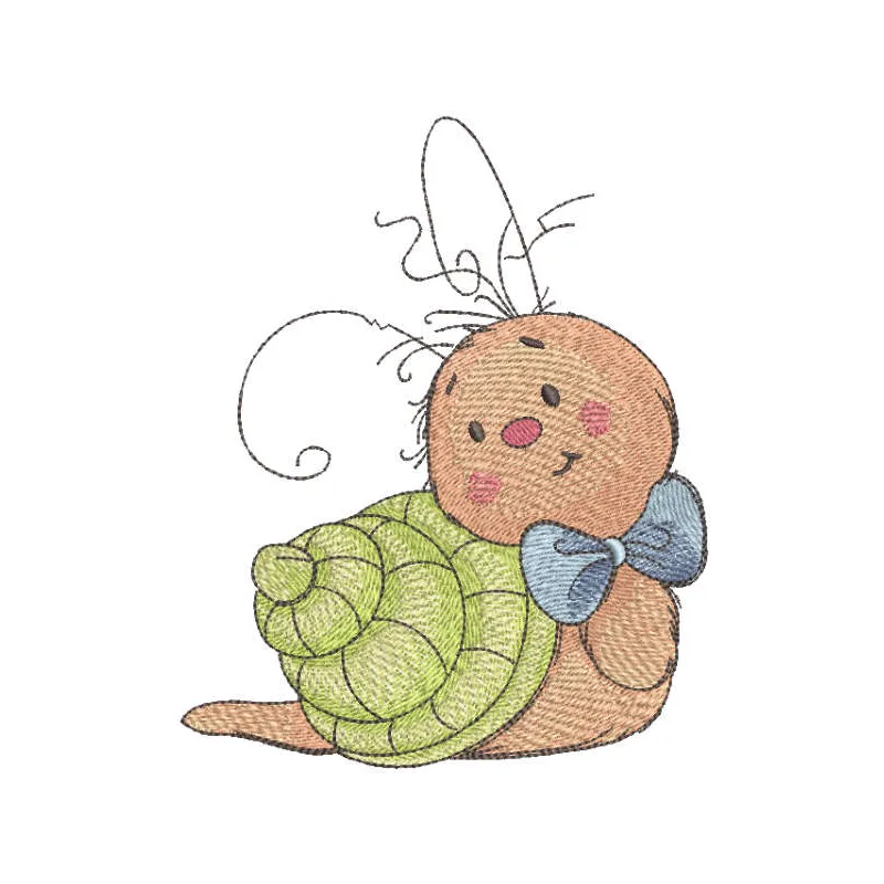 Baby snail artist embroidery design featuring a cute snail with a paintbrush, ideal for baby onesies and blankets.
