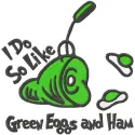 Preview of 'I do so like green eggs and ham' embroidery design featuring whimsical Dr. Seuss characters.