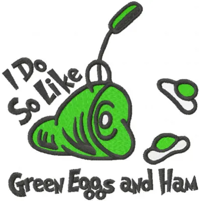 Preview of 'I do so like green eggs and ham' embroidery design featuring whimsical Dr. Seuss characters.