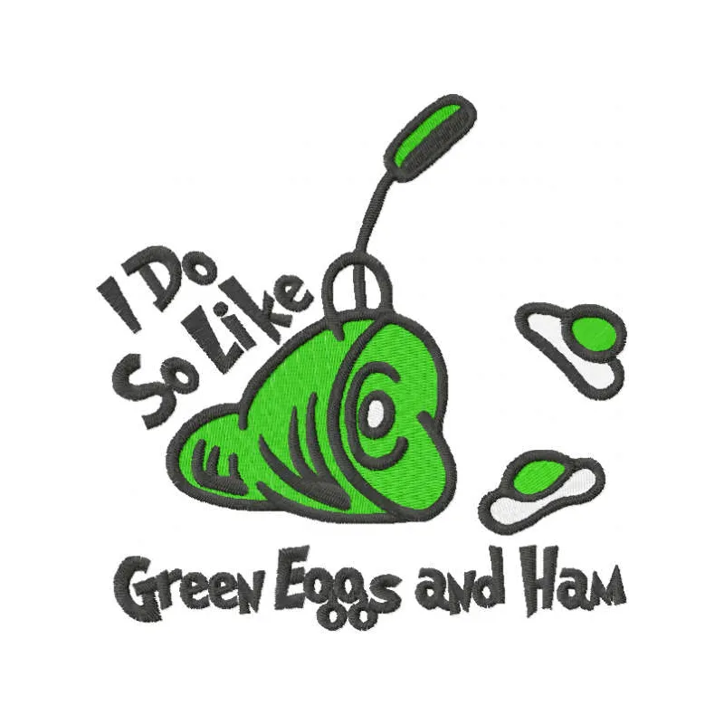 Preview of 'I do so like green eggs and ham' embroidery design featuring whimsical Dr. Seuss characters.