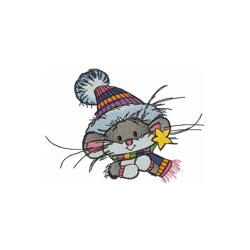 Embroidery design of a mouse dressed for a winter walk, showcasing adorable details for creative stitching.