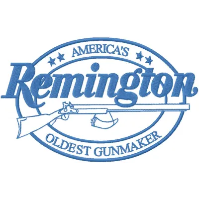 Remington logo embroidery design showcased on a fabric background, ideal for hobbyists and crafters.