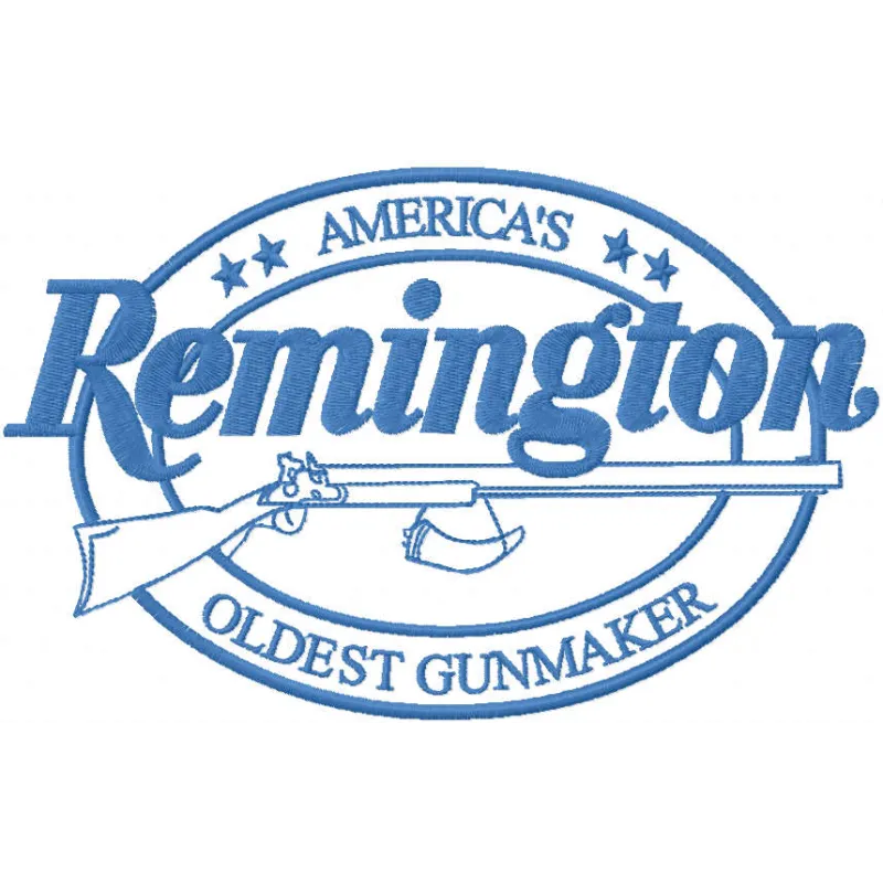 Remington logo embroidery design showcased on a fabric background, ideal for hobbyists and crafters.