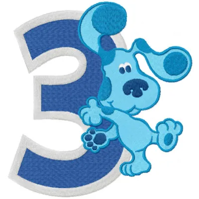 Embroidery design featuring Blues Clues theme for celebrating 3 years, ideal for children's apparel and decorations.