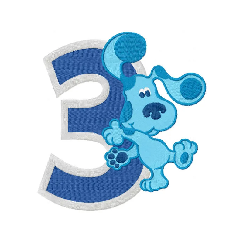 Embroidery design featuring Blues Clues theme for celebrating 3 years, ideal for children's apparel and decorations.