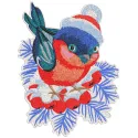 Embroidery design of a Christmas bullfinch wearing a knitted hat, showcasing festive stitching patterns.