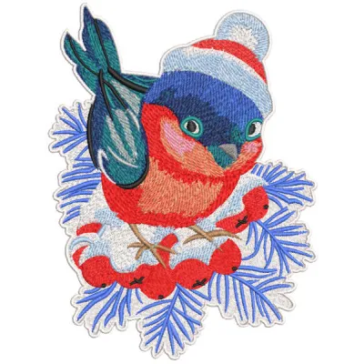 Embroidery design of a Christmas bullfinch wearing a knitted hat, showcasing festive stitching patterns.