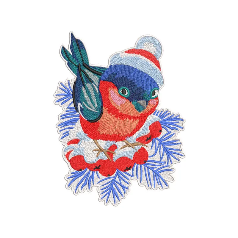Embroidery design of a Christmas bullfinch wearing a knitted hat, showcasing festive stitching patterns.