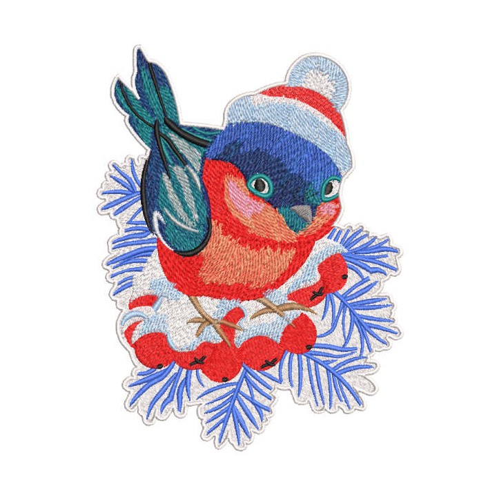 Embroidery design of a Christmas bullfinch wearing a knitted hat, showcasing festive stitching patterns.