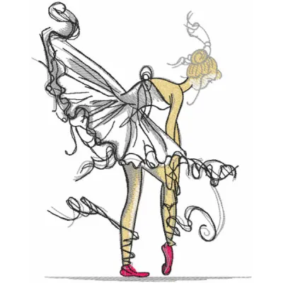 Ballerina dressing pointe embroidery design showcasing a graceful dancer, perfect for t-shirts and tote bags.