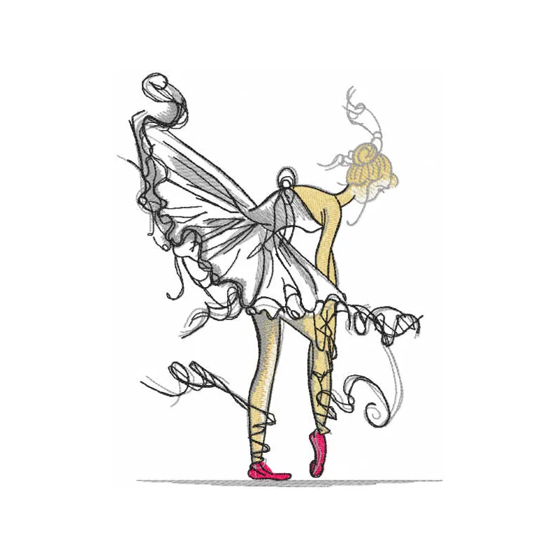 Ballerina dressing pointe embroidery design showcasing a graceful dancer, perfect for t-shirts and tote bags.
