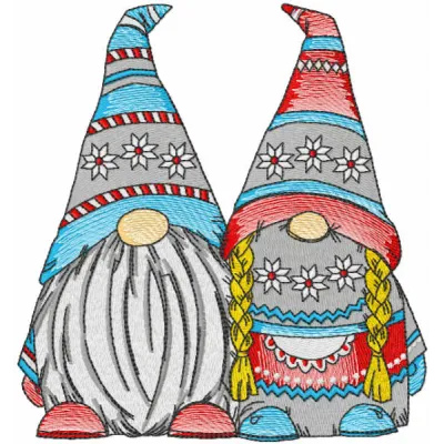 Two dwarves embroidery design featuring charming gnome motifs, ideal for embellishing various projects.