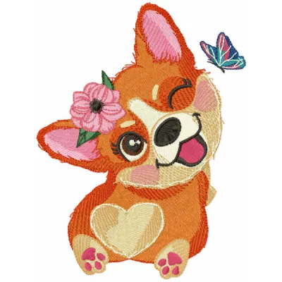 Corgi embroidery design showcasing a playful pup enjoying the outdoors, perfect for stitching on t-shirts and tote bags.