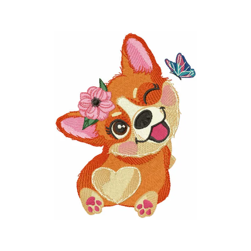 Corgi embroidery design showcasing a playful pup enjoying the outdoors, perfect for stitching on t-shirts and tote bags.