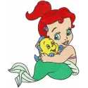 Embroidery design of Baby Ariel with Flounder from the Little Mermaid, ideal for baby onesies and towels.