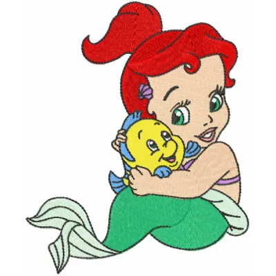 Embroidery design of Baby Ariel with Flounder from the Little Mermaid, ideal for baby onesies and towels.