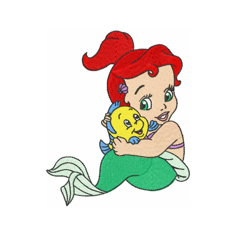 Embroidery design of Baby Ariel with Flounder from the Little Mermaid, ideal for baby onesies and towels.