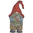 Embroidery design featuring a charming dwarf surrounded by colorful flowers, ideal for creative stitching projects.