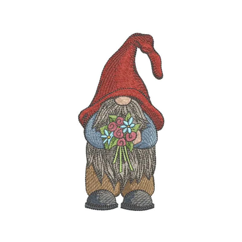 Embroidery design featuring a charming dwarf surrounded by colorful flowers, ideal for creative stitching projects.