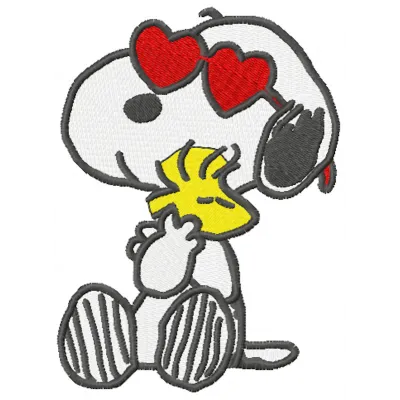 Snoopy loving Woodstock embroidery design showcasing a whimsical and heartfelt stitching pattern.