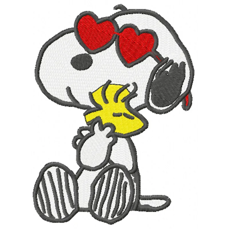 Snoopy loving Woodstock embroidery design showcasing a whimsical and heartfelt stitching pattern.
