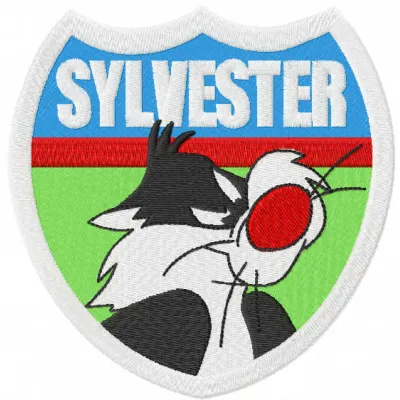 Sylvester badge embroidery design from Looney Tunes featuring a playful stitched motif for embellishing items.