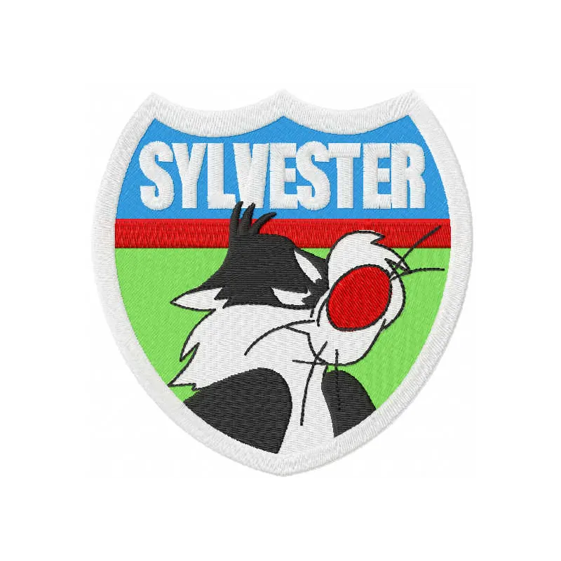 Sylvester badge embroidery design from Looney Tunes featuring a playful stitched motif for embellishing items.