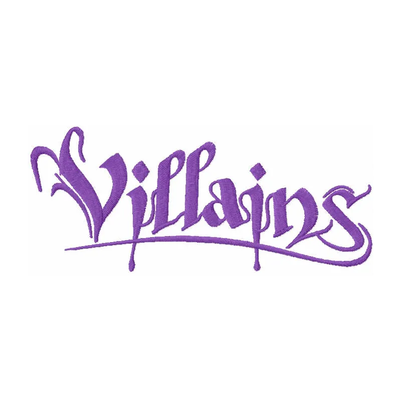 Villains script logo embroidery design preview showcasing intricate stitching patterns for creative projects.
