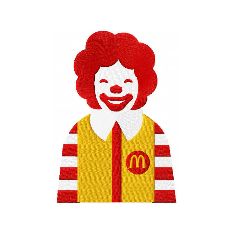 Ronald McDonald embroidery design showcasing a colorful stitched motif for fast food themed projects.