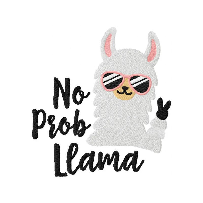 Preview of the No Prob Llama embroidery design featuring a whimsical llama motif, perfect for crafting projects.