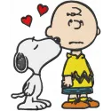 Snoopy kissing Charlie Brown embroidery design showcasing a heartwarming friendship motif for creative projects.