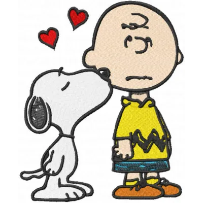 Snoopy kissing Charlie Brown embroidery design showcasing a heartwarming friendship motif for creative projects.
