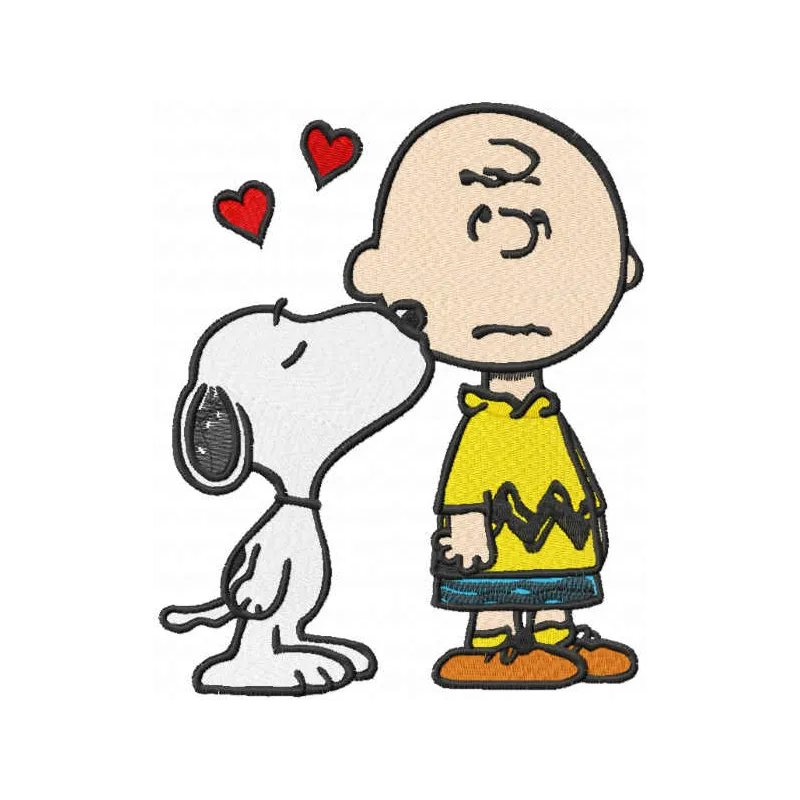 Snoopy kissing Charlie Brown embroidery design showcasing a heartwarming friendship motif for creative projects.