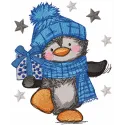 Embroidery design of a penguin carrying a gift, ideal for stitching on winter-themed items.
