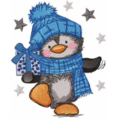 Embroidery design of a penguin carrying a gift, ideal for stitching on winter-themed items.