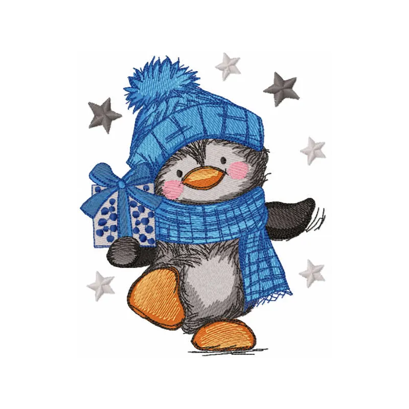 Embroidery design of a penguin carrying a gift, ideal for stitching on winter-themed items.