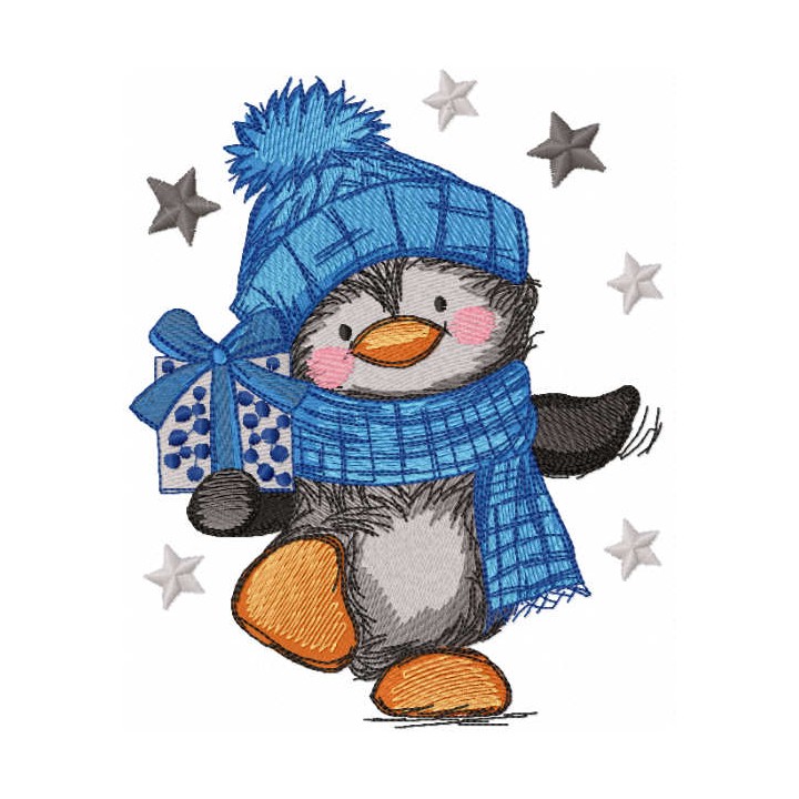 Penguin carries a gift embroidery design - Embroidery Design