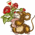 Embroidery design featuring a mouse happily receiving a pot of roses, perfect for creative stitching projects.