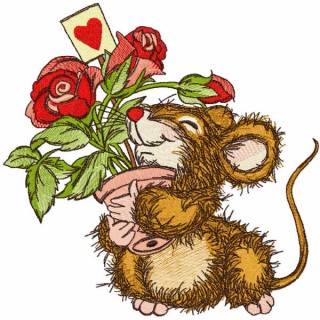 Mouse received a pot of roses as gift embroidery design - Embroidery Design