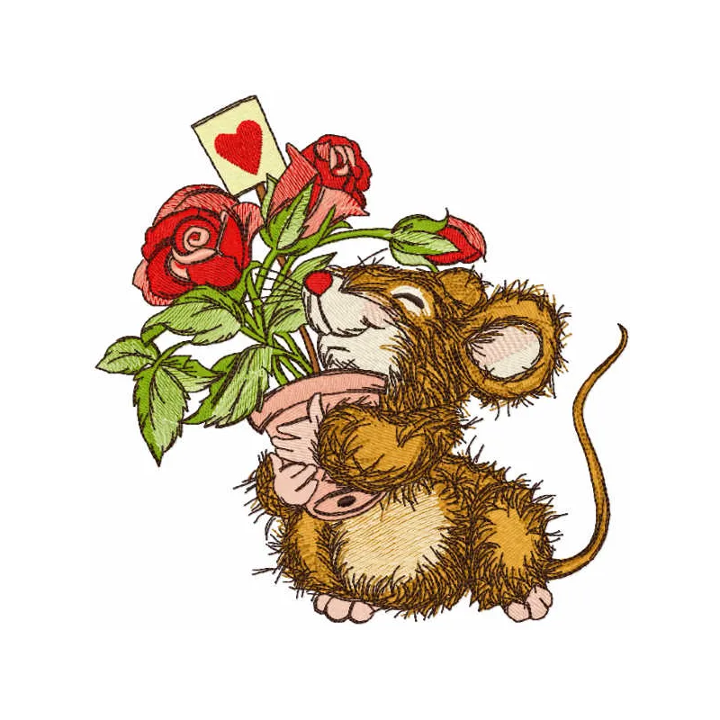 Embroidery design featuring a mouse happily receiving a pot of roses, perfect for creative stitching projects.