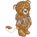 Teddy bear embroidery design featuring a cute bear playing with a toy car, ideal for various fabric projects.