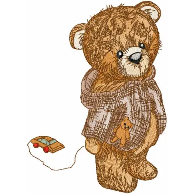 Teddy bear embroidery design featuring a cute bear playing with a toy car, ideal for various fabric projects.