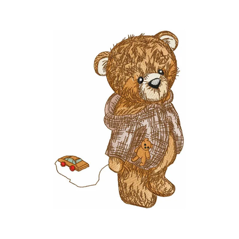 Teddy bear embroidery design featuring a cute bear playing with a toy car, ideal for various fabric projects.