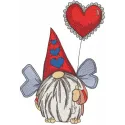 Embroidery design of a charming dwarf with wings holding a balloon, perfect for whimsical stitching projects.