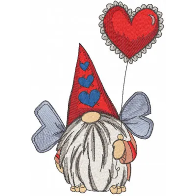 Embroidery design of a charming dwarf with wings holding a balloon, perfect for whimsical stitching projects.