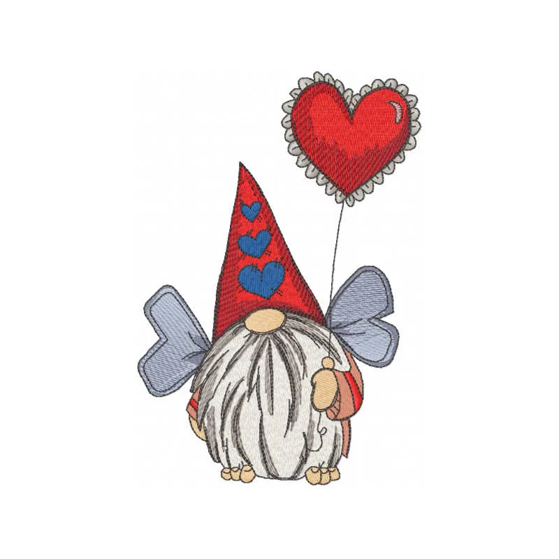 Embroidery design of a charming dwarf with wings holding a balloon, perfect for whimsical stitching projects.