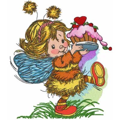 Embroidery design preview of a cute fairy celebrating a birthday, perfect for stitching on gifts or party decor.