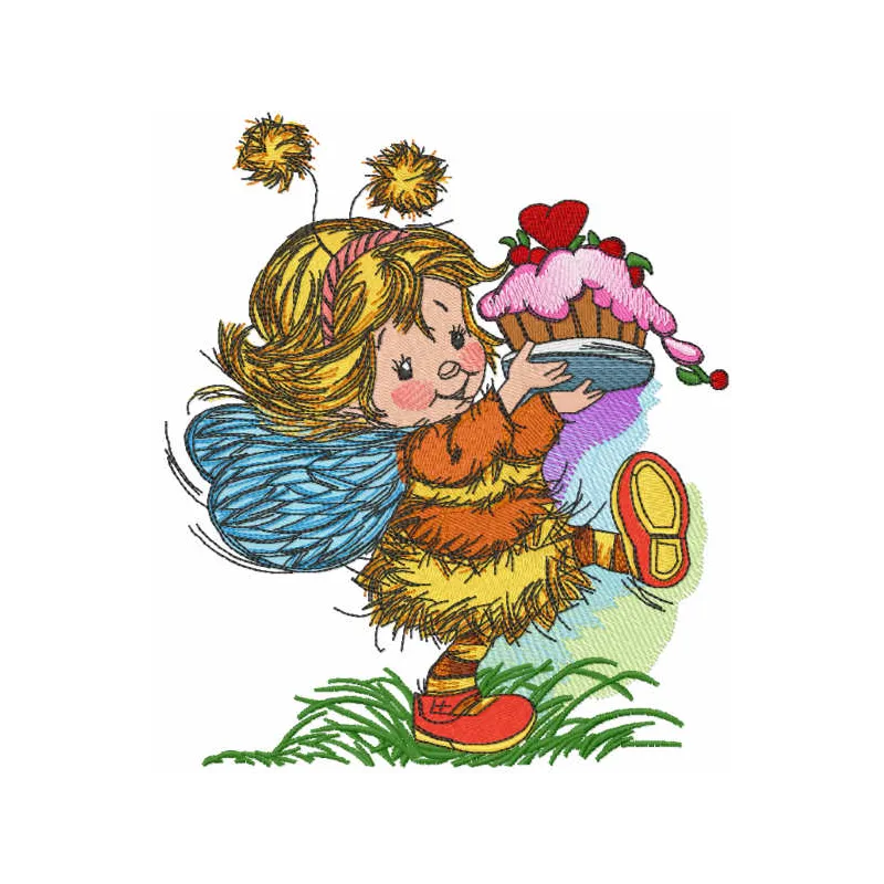 Embroidery design preview of a cute fairy celebrating a birthday, perfect for stitching on gifts or party decor.