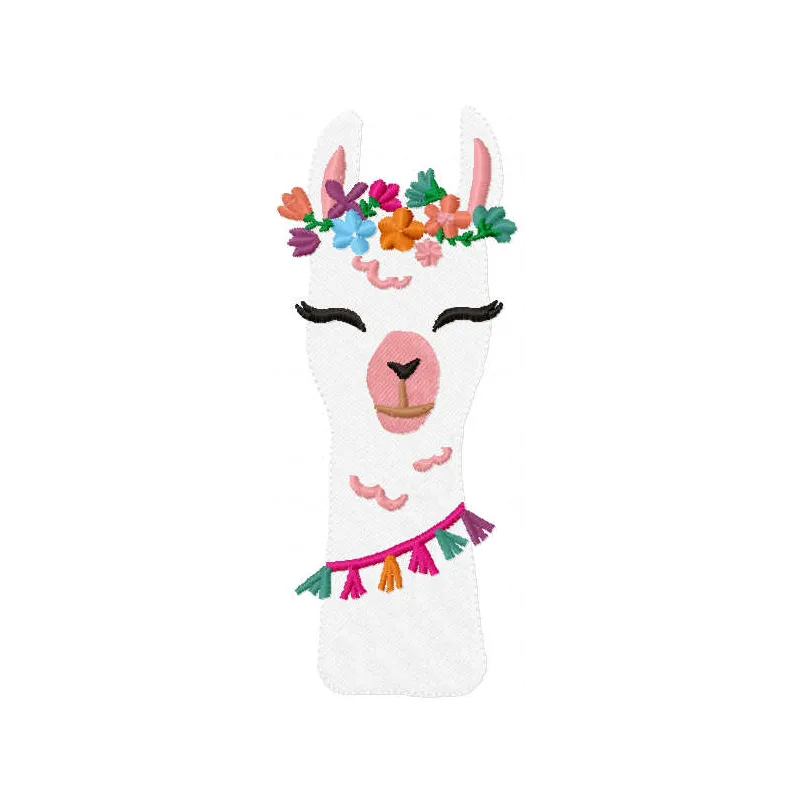 Llama with flowers embroidery design featuring a whimsical llama surrounded by colorful floral accents.